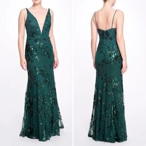 Marchesa‎ Bridesmaid Sequin Gown Jade Green Plunge Sleeveless Flared Dress Sz 6